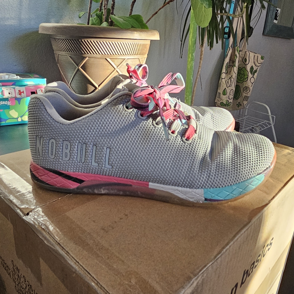 NOBULL Women's Gray Sneakers with Pink and Blue Accents